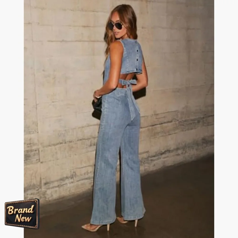 Large Denim Jumpsuit Formal Back Tie Crew Neck Wide Leg Business Casual